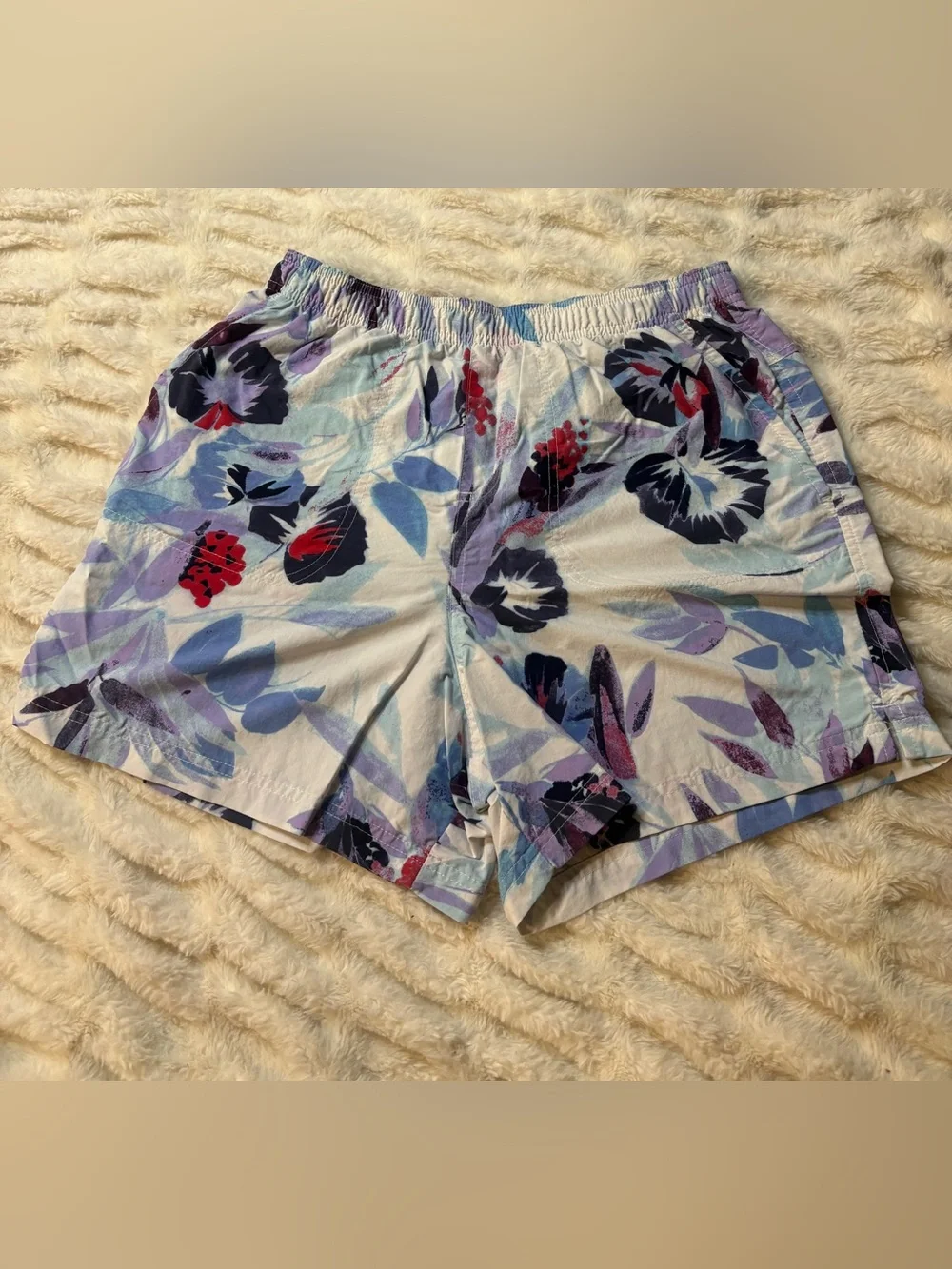 Columbia Kids Floral Swim Trunks in Light Blue, Purple and Red Accents